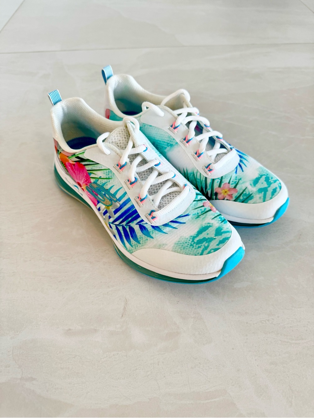 Skechers Memory Foam Floral Tropical Print Women's Sneakers - Teal & White - Picture 3 of 9